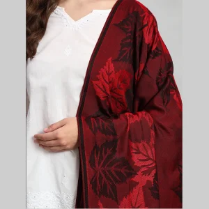 Women's Wool Scarf Pashmina Red & Black Leaf Stole - Image 5