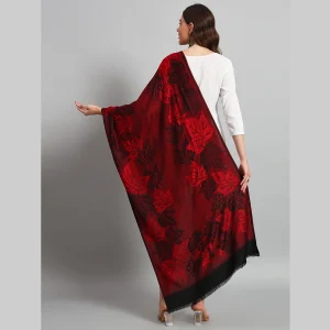 Women's Wool Scarf Pashmina Red & Black Leaf Stole - Image 7