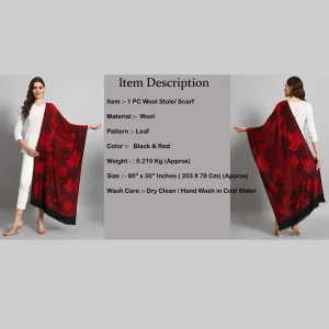 Women's Wool Scarf Pashmina Red & Black Leaf Stole - Image 8