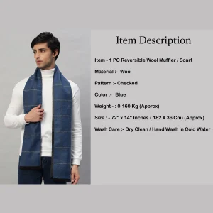 Luxury Blue Checked Winter Warm Wool Wrap Scarf - Image 7