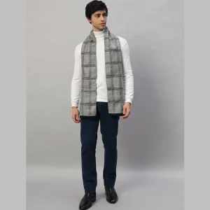 Men's Jaquard Weave Grey Checked Wool Reversible Scarf - Image 4