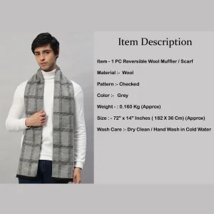 Men's Jaquard Weave Grey Checked Wool Reversible Scarf - Image 7