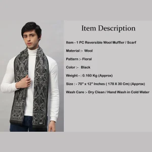 Men's Reversible Wool Muffler Black Floral Scarf - Image 7