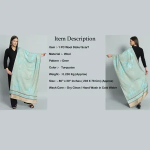 Turquoise Soft Wool Jamawar Deer Stole 80"x30" - Image 8