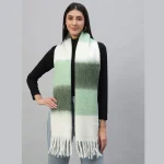 Warm Thick Cashmere Scarf Green Striped With Tassels