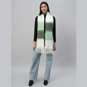 Warm Thick Cashmere Scarf Green Striped With Tassels - Image 3