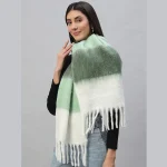 Warm Thick Cashmere Scarf Green Striped With Tassels - Image 4