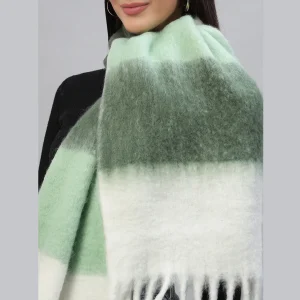 Warm Thick Cashmere Scarf Green Striped With Tassels - Image 5