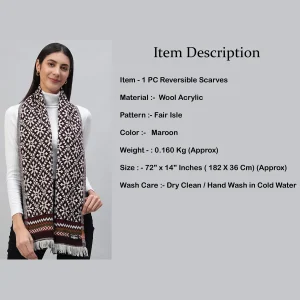 Winter Maroon Fair Isle Wool Wrap Scarf For Women - Image 7
