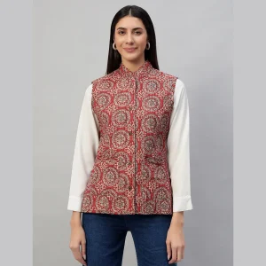 Winter Red Floral Print Quilted Sleeveless Jackets - Image 3