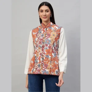 Winter Red Floral Print Quilted Sleeveless Jackets - Image 10