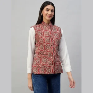 Winter Red Floral Print Quilted Sleeveless Jackets - Image 5