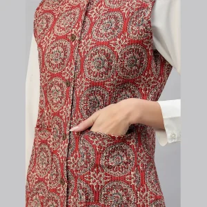 Winter Red Floral Print Quilted Sleeveless Jackets - Image 6