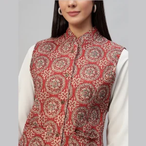 Winter Red Floral Print Quilted Sleeveless Jackets - Image 7