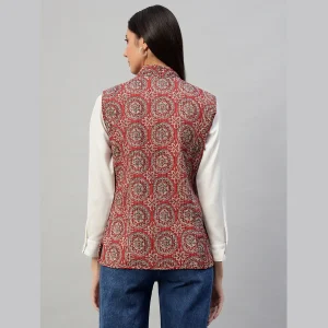 Winter Red Floral Print Quilted Sleeveless Jackets - Image 9