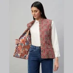 Winter Red Floral Print Quilted Sleeveless Jackets