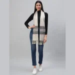 Women 100% Cashmere Warm Scarf Beige Striped - Image 4