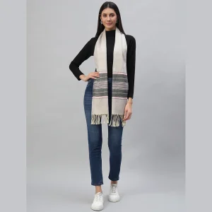 Women 100% Cashmere Warm Scarf Beige Striped - Image 4