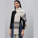 Women 100% Cashmere Warm Scarf Beige Striped - Image 3