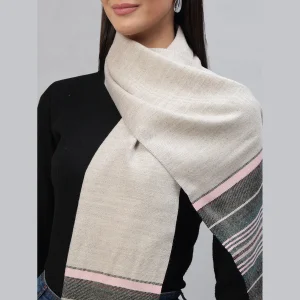Women 100% Cashmere Warm Scarf Beige Striped - Image 5