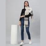 Women 100% Cashmere Warm Scarf Beige Striped - Image 2