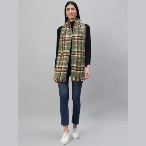 Women Green Reversible Checked Plaid Scarves - Image 3