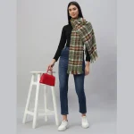Women Green Reversible Checked Plaid Scarves - Image 2