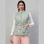 Women Pastel Green Sleeveless Cotton Floral Print Quilted Jacket - Image 2