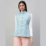 Women Pastel Green Sleeveless Cotton Floral Print Quilted Jacket - Image 10