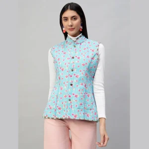 Women Pastel Green Sleeveless Cotton Floral Print Quilted Jacket - Image 10