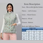 Women Pastel Green Sleeveless Cotton Floral Print Quilted Jacket - Image 11