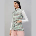 Women Pastel Green Sleeveless Cotton Floral Print Quilted Jacket - Image 5