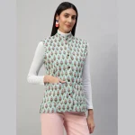 Women Pastel Green Sleeveless Cotton Floral Print Quilted Jacket - Image 4
