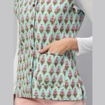 Women Pastel Green Sleeveless Cotton Floral Print Quilted Jacket - Image 8