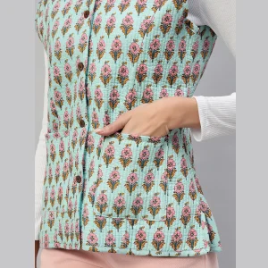Women Pastel Green Sleeveless Cotton Floral Print Quilted Jacket - Image 8