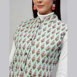 Women Pastel Green Sleeveless Cotton Floral Print Quilted Jacket - Image 9