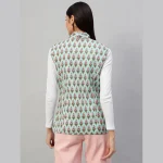 Women Pastel Green Sleeveless Cotton Floral Print Quilted Jacket - Image 7