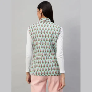 Women Pastel Green Sleeveless Cotton Floral Print Quilted Jacket - Image 7