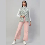 Women Pastel Green Sleeveless Cotton Floral Print Quilted Jacket - Image 6