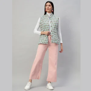 Women Pastel Green Sleeveless Cotton Floral Print Quilted Jacket - Image 6