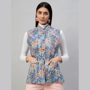 Women Reversible Quilted Cotton Jacket Blue Floral - Image 2