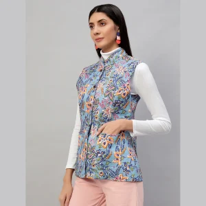 Women Reversible Quilted Cotton Jacket Blue Floral - Image 4