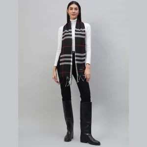 Women Winter Black Plaid Check Scarf 72"x14" - Image 3