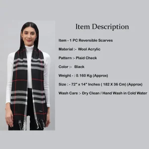 Women Winter Black Plaid Check Scarf 72"x14" - Image 7