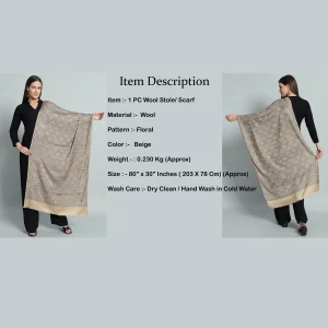 Women's Premium Quality Beige Floral Wool Stole - Image 8