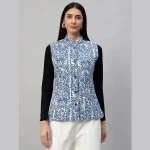 Women's Sleeveless Blue Floral Print Cotton Jackets - Image 3