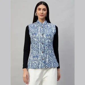 Women's Sleeveless Blue Floral Print Cotton Jackets - Image 3