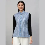 Women's Sleeveless Blue Floral Print Cotton Jackets - Image 10