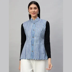 Women's Sleeveless Blue Floral Print Cotton Jackets - Image 10