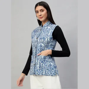 Women's Sleeveless Blue Floral Print Cotton Jackets - Image 4